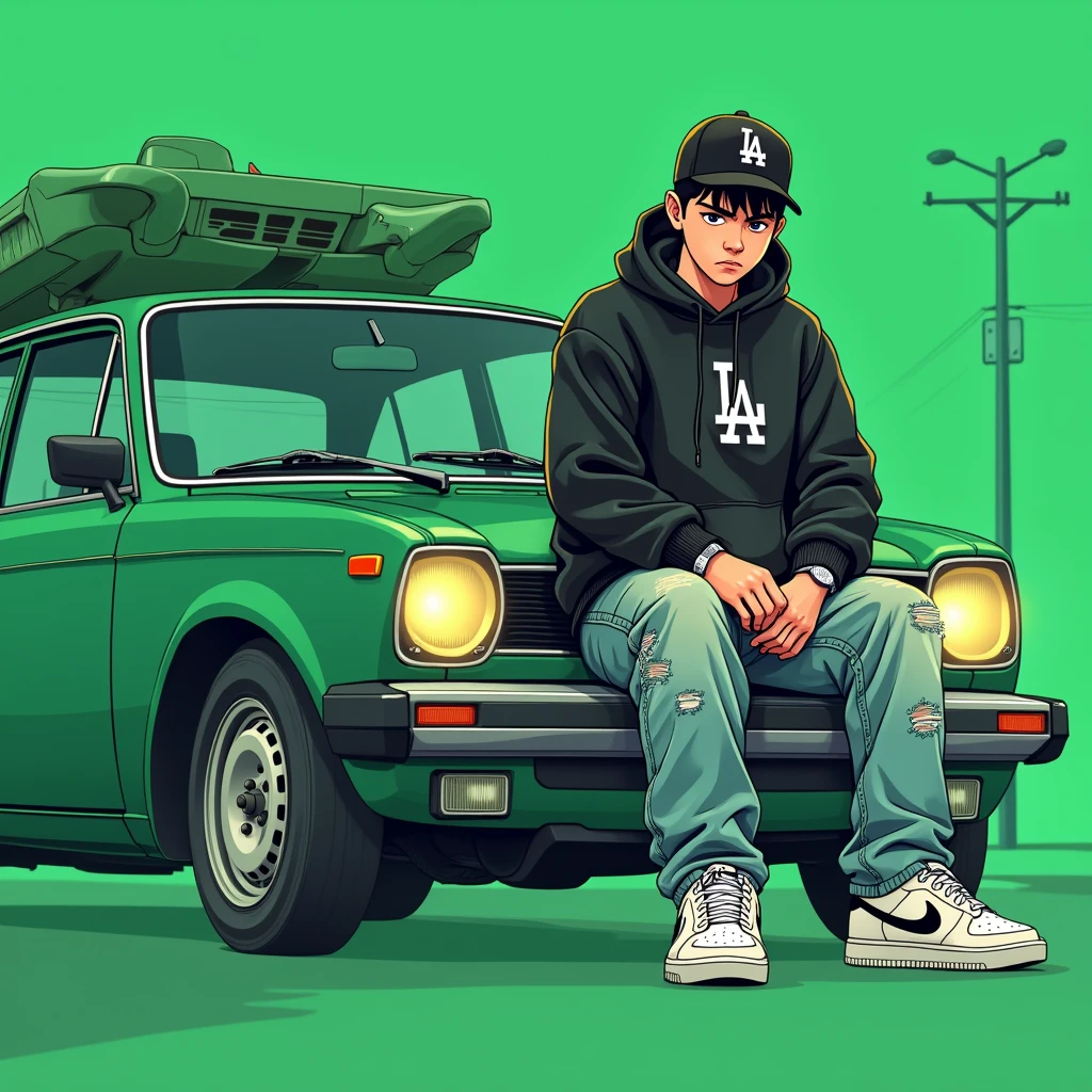 
Image of a man sitting on the bonnet of a car, Yoshihiko Wada&#39;s album cover, winner of the behance contest, Doodle, official artwork, rap album cover, hip - hop album art cover, colored album art, hip hop music album cover, rap album cover art, official fanart, GTA Cover, hip hop album cover, album art cover, cartoon, Disgruntled Asian Boy, Running car, Green background, green tea, Deep pressed black LA ball cap, white nike shoes, Black LA Hoodie, Baggy jeans worn down, black neighborhood