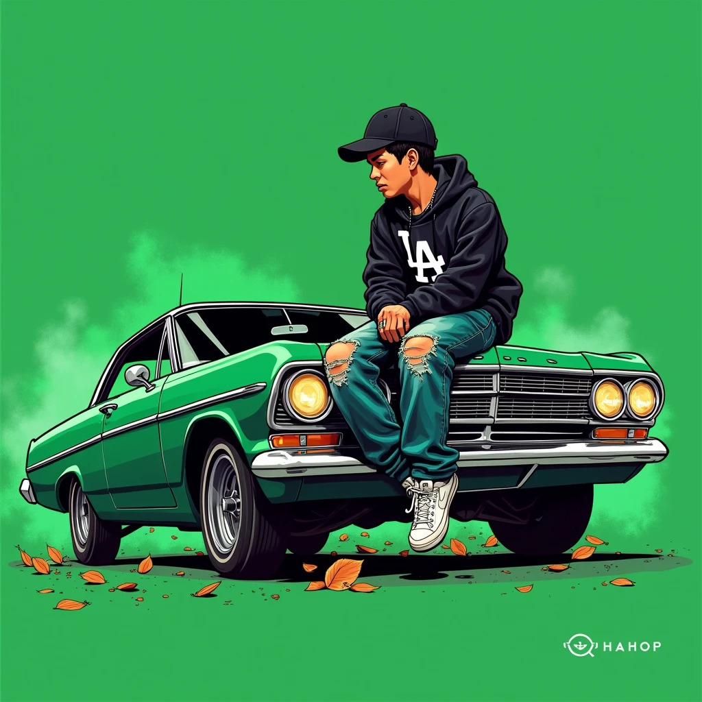 
Image of a man sitting on the bonnet of a car, Yoshihiko Wada&#39;s album cover, winner of the behance contest, Doodle, official artwork, rap album cover, hip - hop album art cover, colored album art, hip hop music album cover, rap album cover art, official fanart, GTA Cover, hip hop album cover, album art cover, cartoon, Disgruntled Asian Boy, Running car, Green background, green tea, Deep pressed black LA ball cap, white nike shoes, Black LA Hoodie, Baggy jeans worn down, black neighborhood