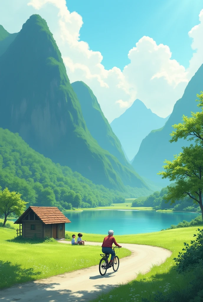 Generate a image of green high mountain and a flat green field beneath those mountains and a small lake and also a small Hut also a road in which a old man riding on cycle zoom the Hut side with lake where a beautiful girl and boy sitting there 
