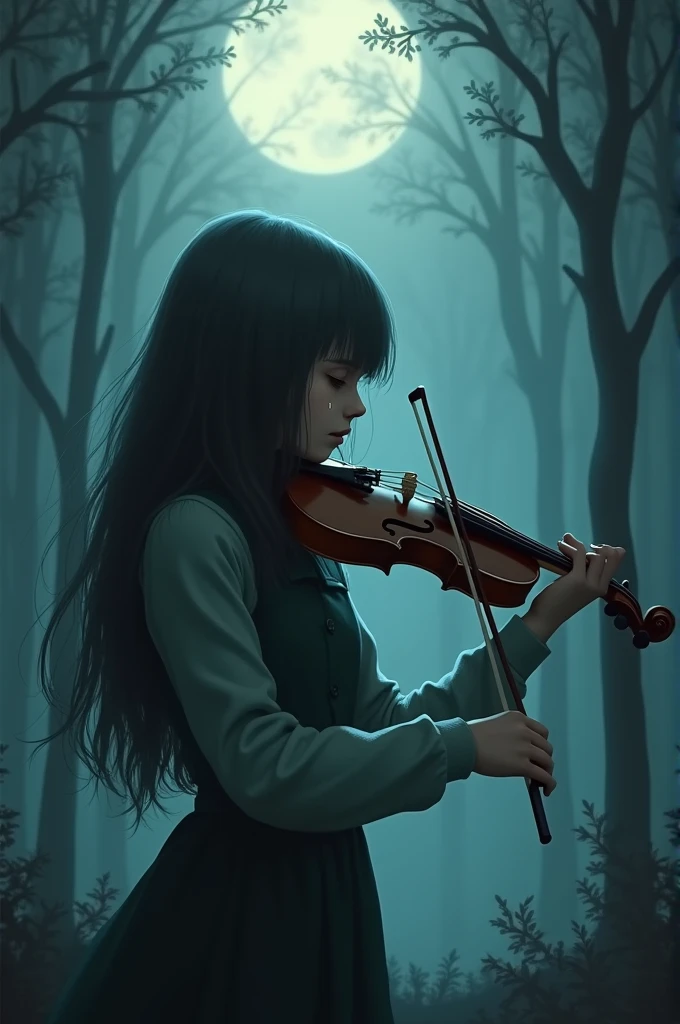A girl alone in the woods playing the violin, This girl has almost leaden hair but it is only reflected that way by the brightness of the moon, This girl has a sad expression and has a tear falling from her cheek