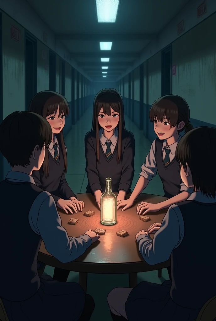 Students playing spin the bottle in the dark with sinister smiles and school uniforms. The image must be animated.