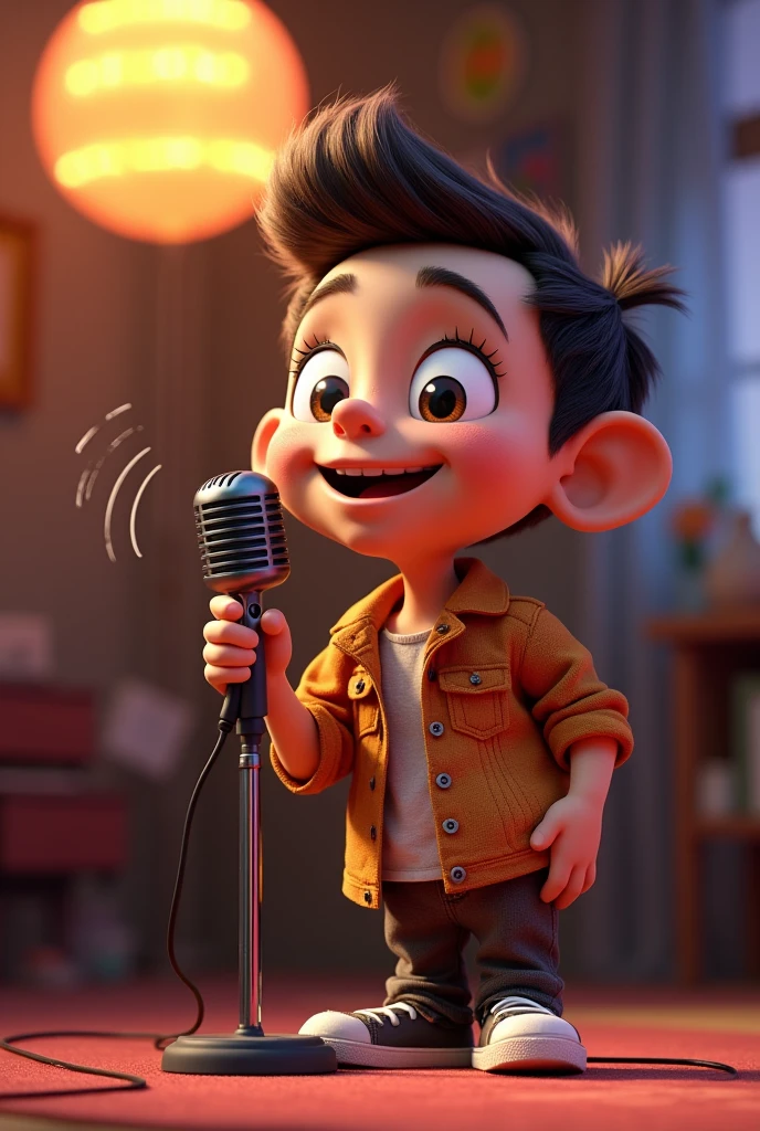 Image that references the name "casting clip" with microphone a postcast character profile. pixar style