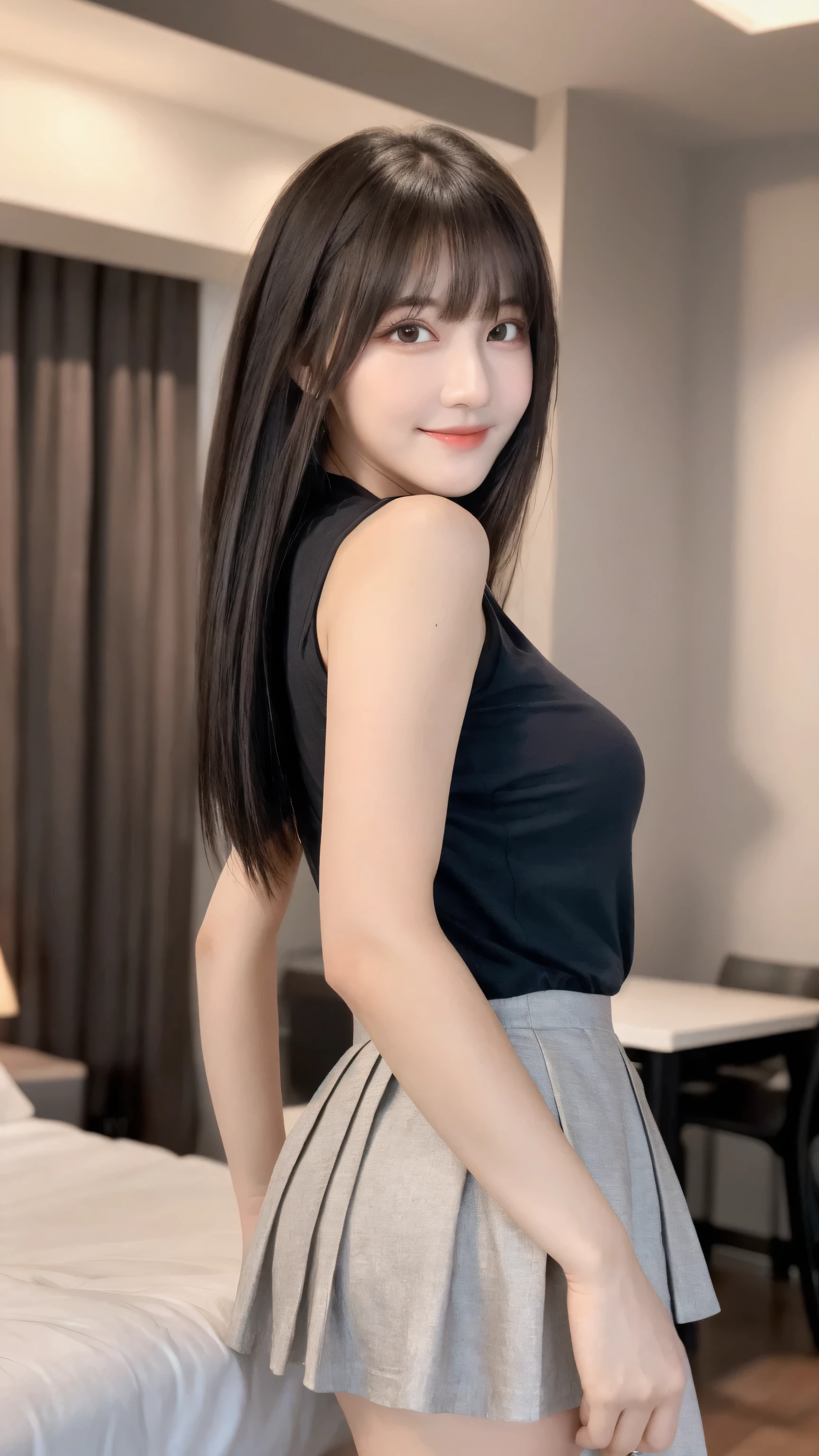 (8k, RAW Photo, Best Quality, Masterpiece:1.2), table top, Ultra Detail, Super Resolution, (Realistic, Realistic Photo:1.37), Portrait, High Detail RAW Color Photo, Professional Photo, Extremely Detailed and Beautiful, Extremely detailed, 8k wallpaper, amazing and detailed, huge file size, official art, highly detailed CG unity 8k wallpaper, highly detailed beautiful girl, highly detailed face, highly detailed eyes, highly detailed skin, highly detailed fingers, highly detailed nose, very detailed detailed mouth , perfect ???????, highly detailed background, highly detailed clothes, 1girl, 1 girl, cute girl, realistic body, fair skin, glowing skin , slim body, handsome body, black hair , semilong hair, (blunt bangs:1.2), smile, cute, youthful, cute face, realistic face, delicate eyes, drooping eyes, looking at viewer, facing front, standing posture, Contraposto,  (medium chest), (Perfect Body Proportions), (slender Body Proportions), (bedroom), super sexy pose, (t-shirt)), ((mini-skirt)), (standing BAR in a dark interior),(photo from behind),