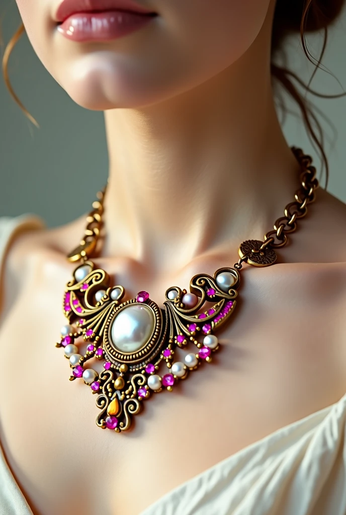 On the table is placed a uniquely designed shel pearl necklace made of brass and ruby ,(choker),4k hd,(Real photographs),work of art, best qualityer