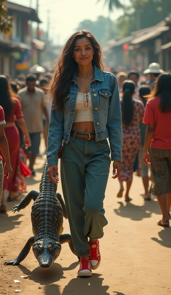 beautiful Indonesian woman, fair skin, big nose, long wavy hair, wearing a denim jacket, long pants, wearing red sneakers, smiling face, walking while carrying a crocodile beside him, aesthetic, on the village road, many people, minimal defects, very detail, you left, 8K picture
