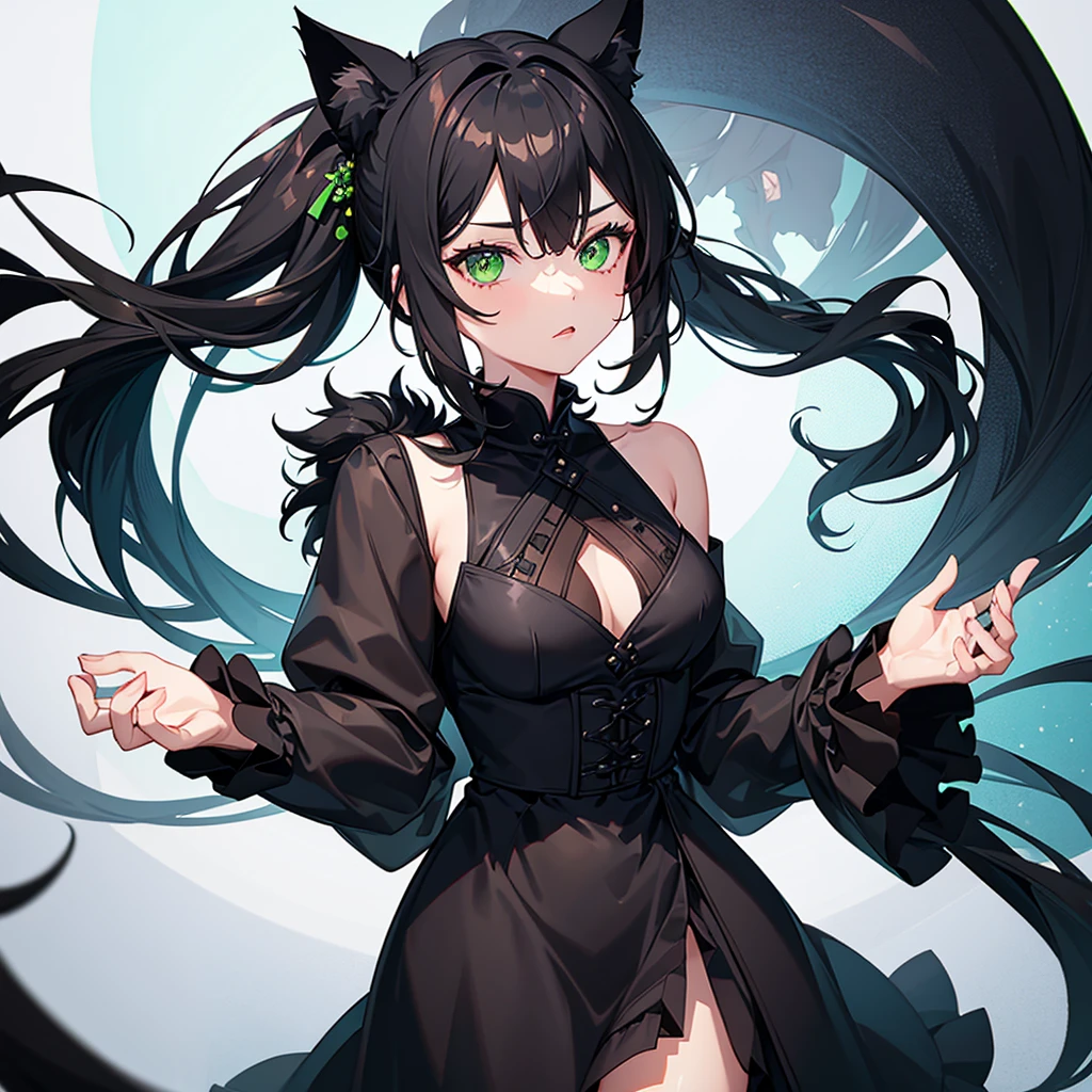 1 girl , black fur, green eyes, with a pretty dress ,Black and green long ponytail、Cat ear