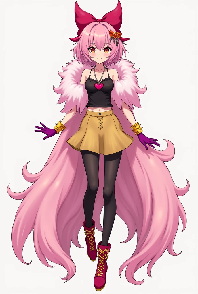 tall girl . asian features , long pink fur . With a red bow shaped like horns, black top with a heart necklace , long fuchsia gloves . With yellow spiked bracelets. Golden skirt with yellow . black stockings , Red shoes with orange laces Anime style