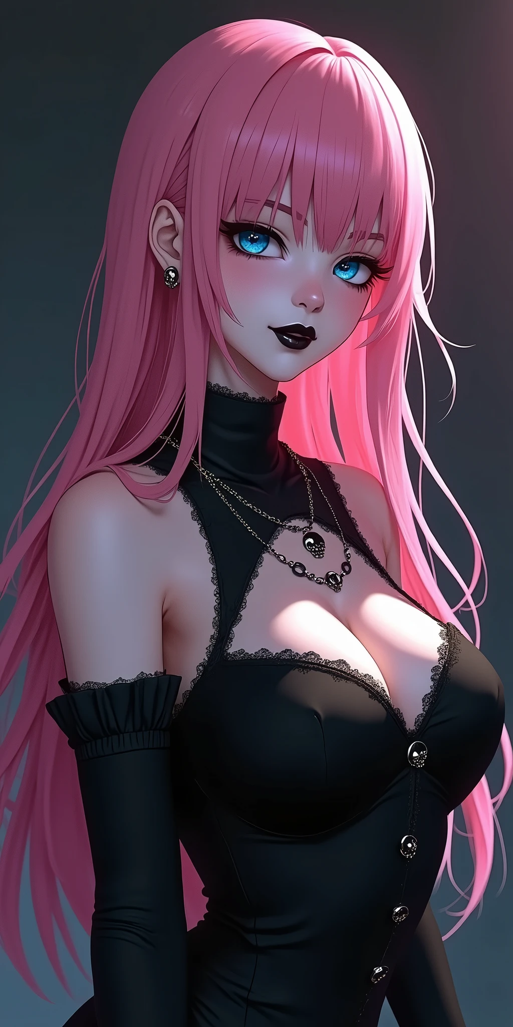 (best quality, ultra-detailed, photorealistic: 1.39), bright and vibrant colors, studio lighting, romantic expression, An effeminate girl, with a delicate and beautiful face. Beautiful and adult gothic woman with her with long pink hair matches the gothic makeup, her blue eyes and mischievous black lips evil and seductive smile, with her large seductive breasts, cleavage, Punk-style Gothic dark pink hair, voluminous breasts, skull necklace, voluminous breasts, black gothic Turtleneck sweater, white wool, sleeveless, beautiful sweater dress, pose from behind, looking back, gothic. She have a horny face, like a manwha character, chain details,, walking in leaning pose in the gothic , dark lighting, seductive cleavage, manga style, anime features manga style, fully body, anime style   