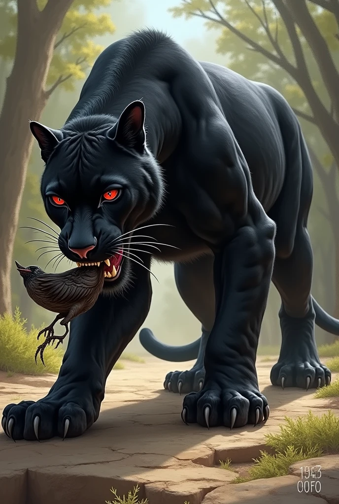 Traditional panther with red eyes and sharp claws eating a bird