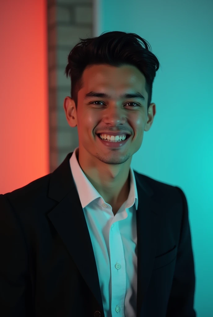 A young man with dark hair and a confident smile. He is dressed in a black blazer over a white shirt. The man is positioned against aqua colour backdrop with a subtle red lighting on the left side. and he posing for Linkedin profile