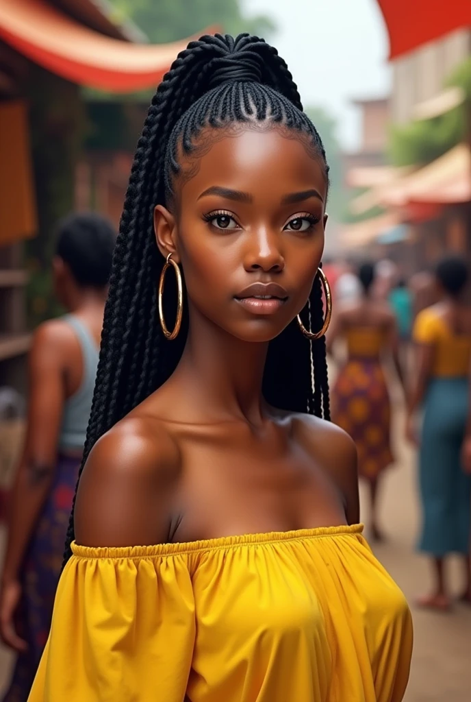 Black Hair in Cornrows, African Ethnicity, Vibrant Style, Bustling Marketplace: A hyperrealistic portrait of a beautiful 2 African girl with long, sleek black cornrows pulled back into a high ponytail. She wears a bright yellow off-the-shoulder top and large hoop earrings. The background is a colorful, lively marketplace with bustling vendors and vibrant textiles on display, capturing the energy of her surroundings. ,