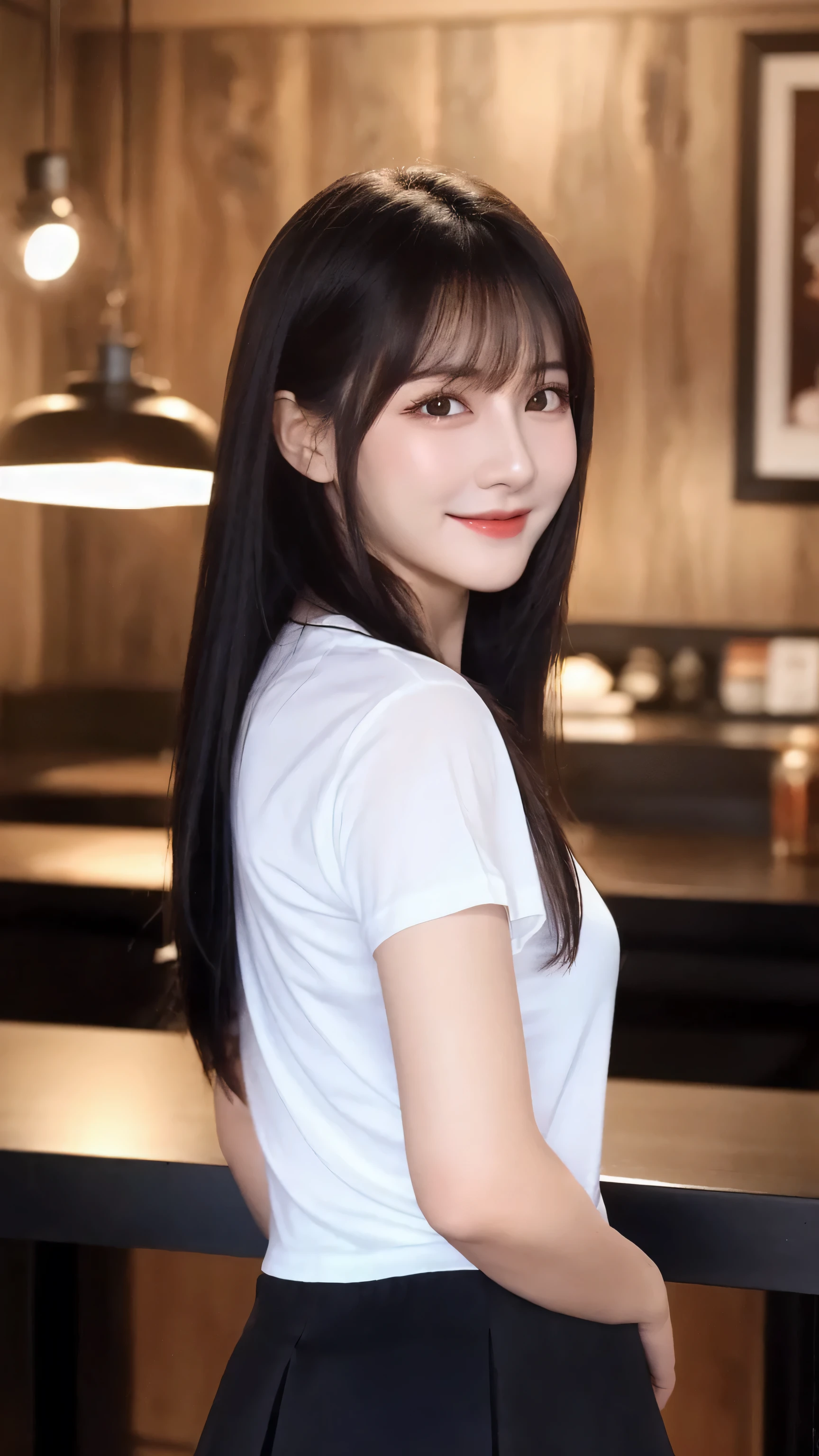 (8k, RAW Photo, Best Quality, Masterpiece:1.2), table top, Ultra Detail, Super Resolution, (Realistic, Realistic Photo:1.37), Portrait, High Detail RAW Color Photo, Professional Photo, Extremely Detailed and Beautiful, Extremely detailed, 8k wallpaper, amazing and detailed, huge file size, official art, highly detailed CG unity 8k wallpaper, highly detailed beautiful girl, highly detailed face, highly detailed eyes, highly detailed skin, highly detailed fingers, highly detailed nose, very detailed detailed mouth , perfect anatomy, highly detailed background, highly detailed clothes, 1girl, 1 girl, cute girl, realistic body, fair skin, glowing skin , slim body, handsome body, black hair , semilong hair, (blunt bangs:1.2), smile, cute, youthful, cute face, realistic face, delicate eyes, drooping eyes, looking at viewer, facing front, standing posture, Contraposto, (medium chest), (Perfect Body Proportions), (slender Body Proportions), (bedroom), super sexy pose, (t-shirt)), ((mini-skirt)), (standing BAR in a dark interior),(photo from behind),
