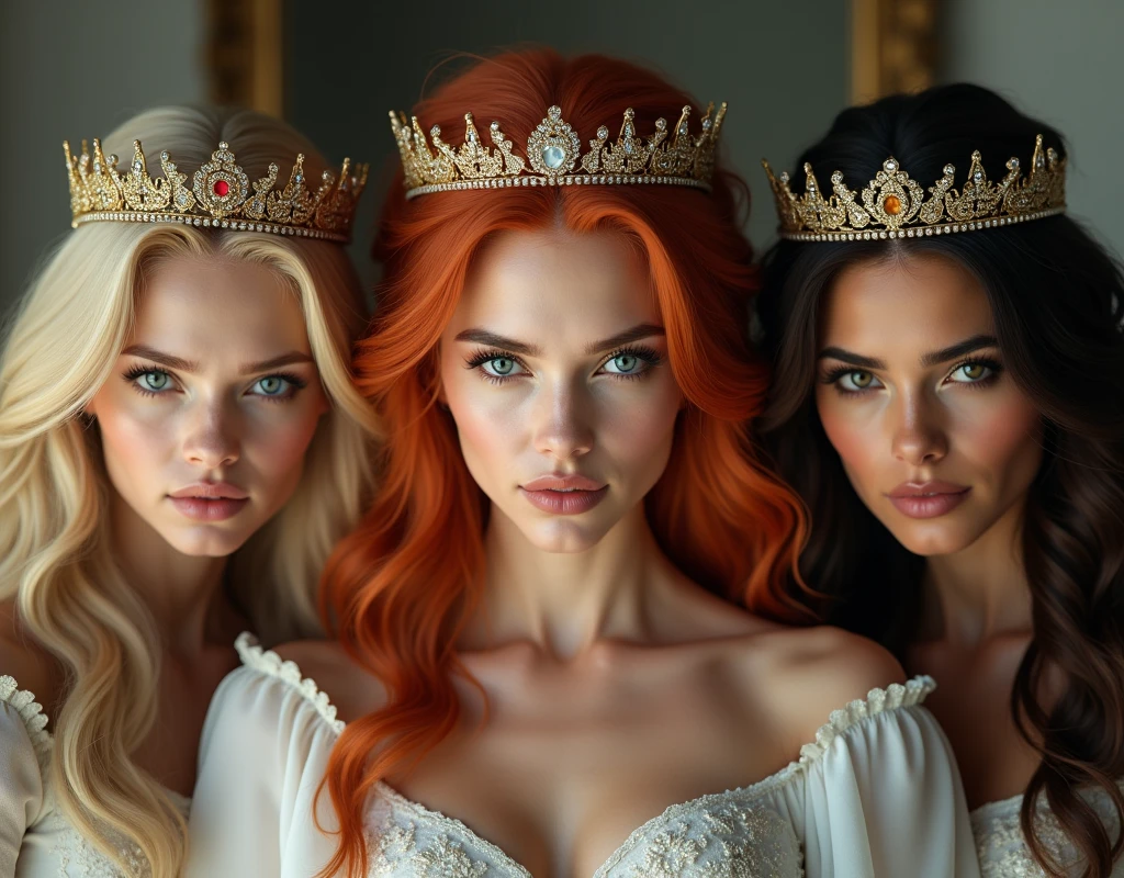 Very beautiful blonde queen and redhead queen、Brunette Queen、Staring at the camera with moist eyes、crown