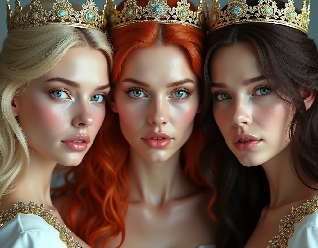 Very beautiful blonde queen and redhead queen、Brunette Queen、Staring at the camera with moist eyes、crown