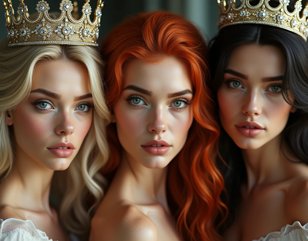 Very beautiful blonde queen and redhead queen、Brunette Queen、Staring at the camera with moist eyes、crown