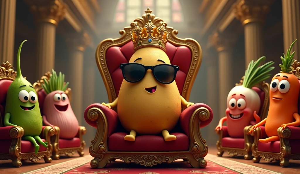"Inside a grand and ornate palace, the centerpiece is an opulent throne placed in the middle of a grand hall. Sitting on the throne is an anthropomorphic potato, with a golden crown perched atop its head and stylish black sunglasses resting on its face, giving it a royal yet humorous appearance. Surrounding the potato, on slightly smaller yet equally majestic chairs, are a collection of other animated vegetables. A proud tomato sits on one side, while a regal onion occupies another seat. Next to them, a cabbage, chili pepper, garlic bulb, carrot, and a bell pepper all sit upright, as if they were members of a royal court. Each vegetable has a face with expressive eyes and mouths, giving them distinct personalities. The scene is both whimsical and vivid, set in a luxurious palace where the vegetables are personified as noble subjects to the 'potato king'."