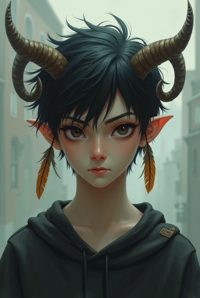 Sad teenage man with horns and feather in his ears