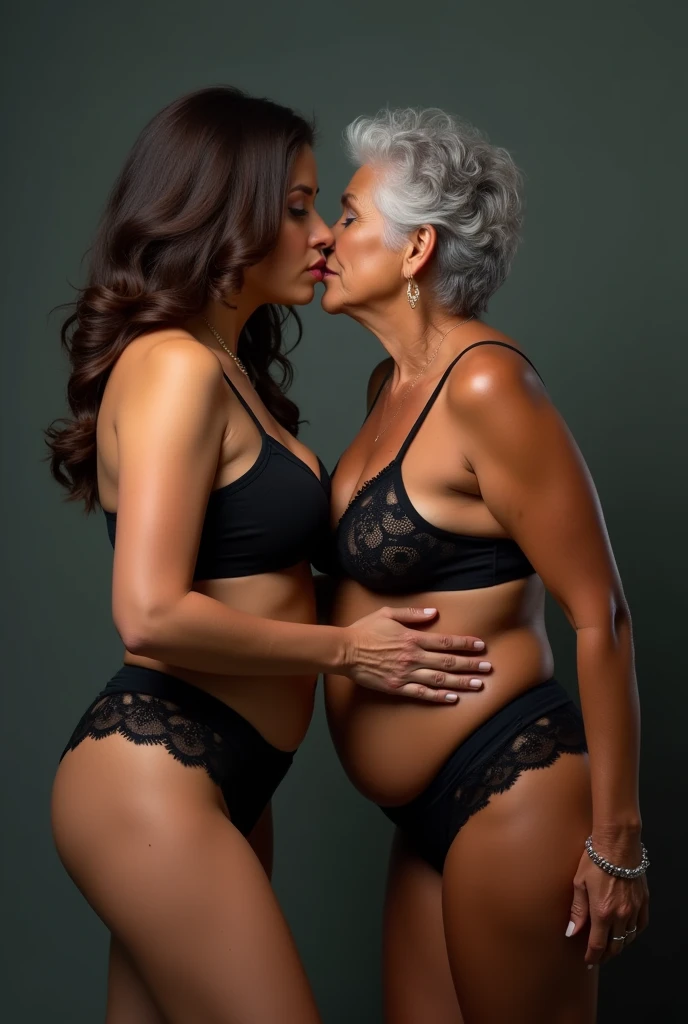 Create a photo of a single young woman aged 25, com pele branca e clara, slender and beautiful body, long brown hair, wearing black lace panties, and her bare breasts are being kissed by a 90 year old elderly woman, obese, dark black skinned