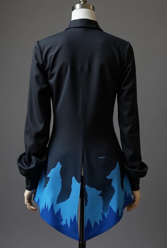 Make a black blouse with a blue gradient on the hem of the blouse. The images on the blouse must be maned wolf silhouettes.
The back of the blouse must contain the surname Brenda and the number 99. Use interclass blouses as inspiration