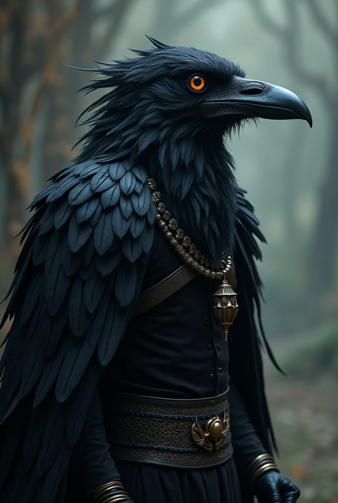 Kurtulmak Physical Characteristics: A figure with crow-like features, like dark feathers and a sharp beak. He may have a cunning and resourceful appearance, with clothes that imitate the texture of feathers and accessories that reflect their trickster and cunning nature.