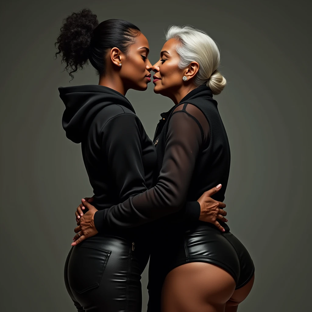 black woman hair in a bun black hoodie   black leather short shorts   a old grandma in a dress  kissing her ass behind her squeezing her butt
