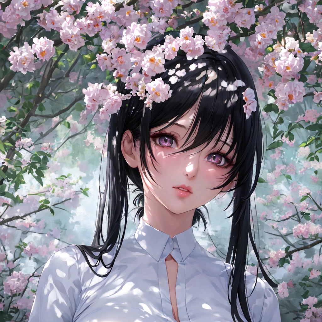 Anime Girl, Realistic shadows, Delicate skin, The breasts are very small, Black Hair, Very detailed, 8k highly detailed face, Perfect face shape, Full, perfect lips, Perfect nose, Correction of beautiful eyes, Viewers, White shirt, Hair Flower, masterpiece, best quality, Single Girl, not good, No, Solitary