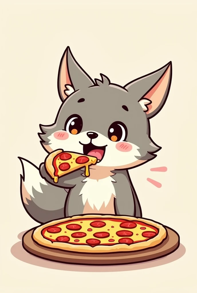 believe me model sheet of a wolf eating pizza kawaii cartoon style