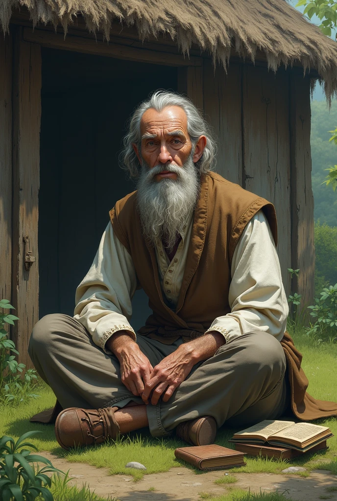 Man sitting on the short grass next to his wooden house he is a hermit he likes to live alone he has books by his side