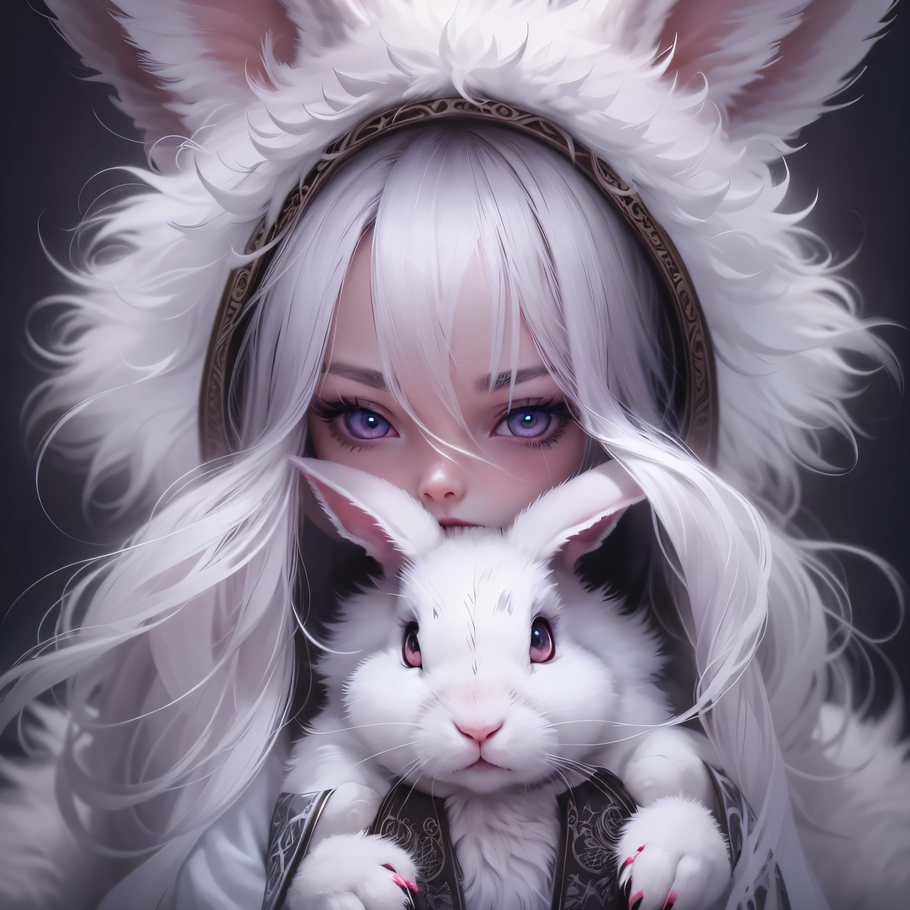 a cute but evil looking female white bunny, detailed bunny face, piercing eyes, sharp fangs, fluffy white fur, mischievous expression, detailed intricate patterns, fantasy, dark fantasy, digital art, highly detailed, 8k, photorealistic, cinematic lighting, dramatic shadows, moody atmosphere
