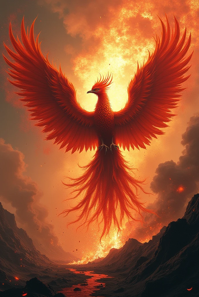 A powerful and majestic Phoenix、The embodiment of destruction and rebirth、Scary Stare、The End of the World、The King's Wings、Erupting volcano、Ink painting style