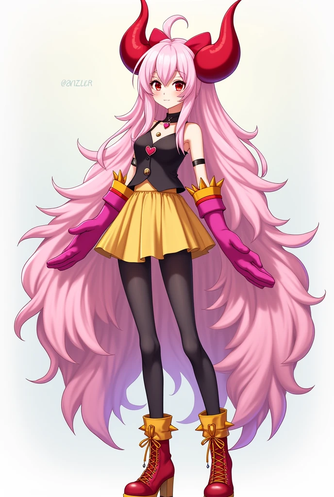 tall girl . asian features , long pink fur . With a red bow shaped like horns, black top with a heart necklace , long fuchsia gloves . With yellow spiked bracelets. Golden skirt with yellow . black stockings , Red shoes with orange laces Anime style