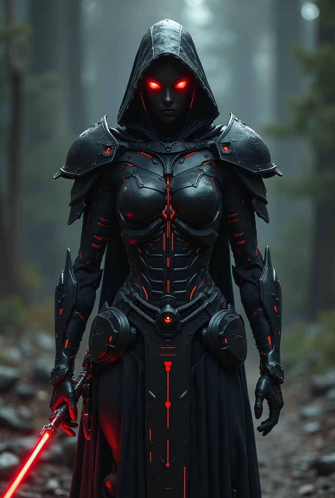 Cyber half human half, armors blood weakness black, line light red armors, red eyes cyber. Sword obsidian & three eyes