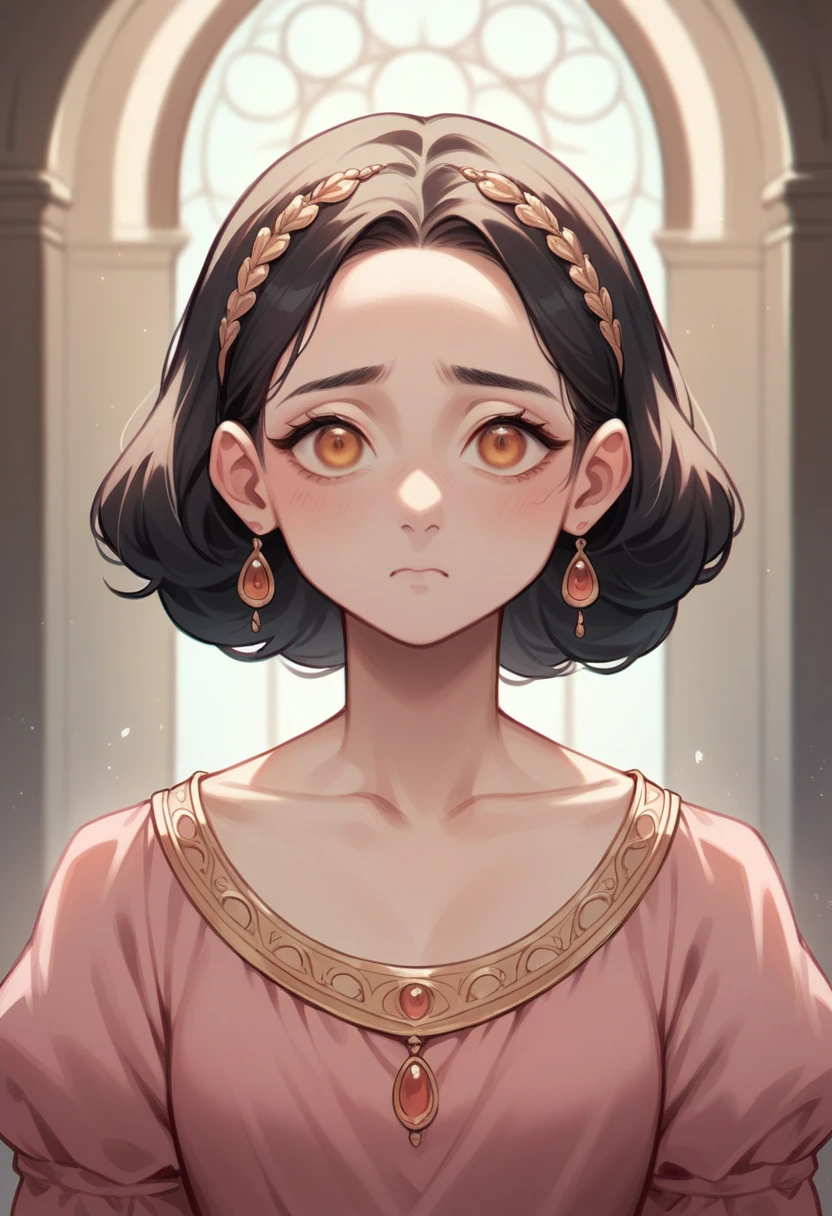 Black woman with cool skin tones, age 25, small, fleshy mouth, amber almond eyes , Oval face, upturned button nose, This is in a palace, wear a beautiful pink dress that fits your body perfectly, Your hair is wavy