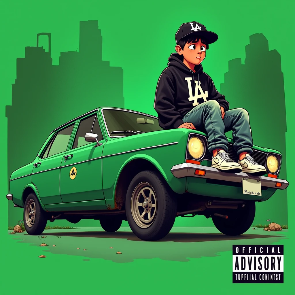 
Image of a man sitting on the bonnet of a car, Yoshihiko Wada&#39;s album cover, winner of the behance contest, Doodle, official artwork, rap album cover, hip - hop album art cover, colored album art, hip hop music album cover, rap album cover art, official fanart, GTA Cover, hip hop album cover, album art cover, cartoon, Disgruntled Asian Boy, Running car, Green background, green tea, Deep pressed black LA ball cap, white nike shoes, Black LA Hoodie, Baggy jeans worn down, black neighborhood, Skull