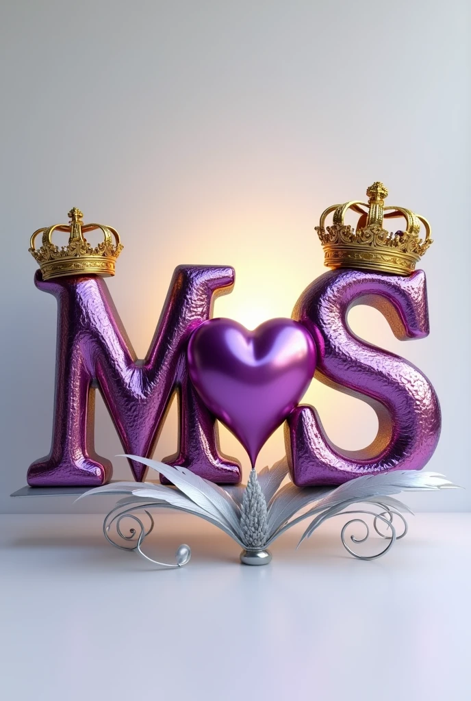 A 3d render of the two capital letters "M" and "S" with a red heart in center, in a purple and gold metallic font with golden British crowns above both letters and a white feather , with a light shine behind the word, and a silver swirl underneath. The background is a light gray.