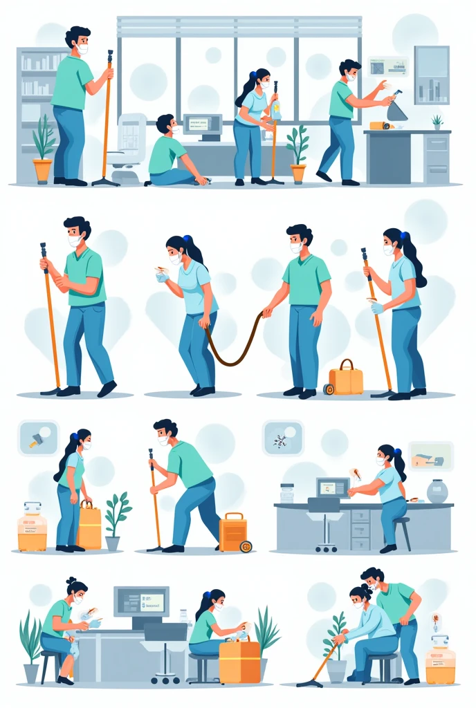 I am looking for disinfection illustration Drawing style: Modern and vector, with smooth, clean lines, and vibrant colors. Cartoonish but realistic. Color: Using a palette of bright and contrasting colors that are pleasant and eye-catching. FORMAT: Illustrations arranged in a book or manual style. This illustration is intended for a guidance and training manual, so it must be clear, accessible and visually appealing."