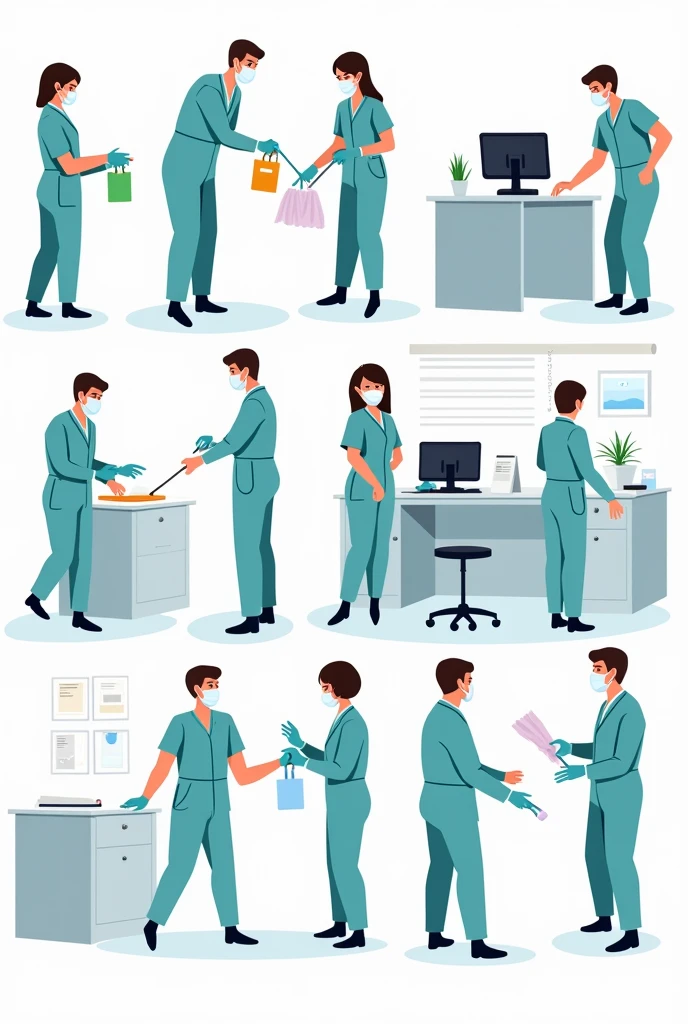 I am looking for disinfection illustration Drawing style: Modern and vector, with smooth, clean lines, and vibrant colors. Cartoonish but realistic. Color: Using a palette of bright and contrasting colors that are pleasant and eye-catching. FORMAT: Illustrations arranged in a book or manual style. This illustration is intended for a guidance and training manual, so it must be clear, accessible and visually appealing."
