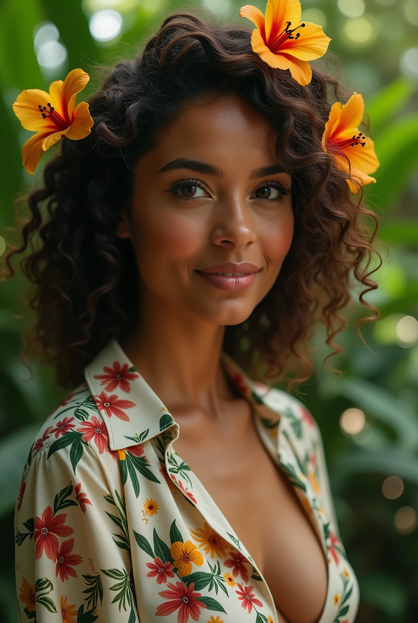 A Brazilian woman in a lush tropical garden, wearing an open shirt with a floral print, with a close-up capturing the harmonious beauty between her breasts and the natural flowers, showing off your natural charm and outgoing personality.