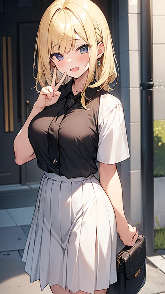 (Masterpiece, Top quality:1.5), nsfw, (1 beautiful girl:1.2), (peace fingers, double piece:1.1), (short sleeve white shirt, black pleated skirt, tie:1.2), (blonde hair:1.3), single braid, medium Hair, wavy Hair, asymmetry bangs, swept bangs, junior high school student, (large breasts:1.2), smile:1.2, flustered:1.1, beautiful scene of alley, open mouth, (bad mood)