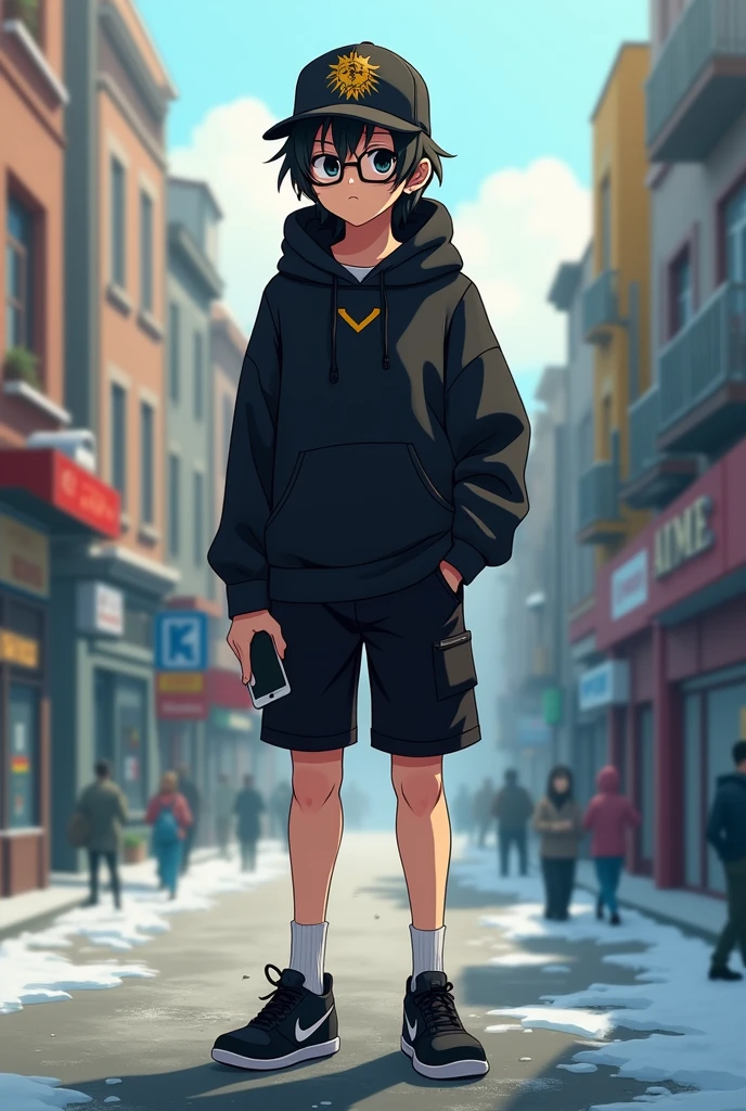 A boy , transformed into an anime style, with black country clothes , with a black wool cap with a lion logo , with black Bermuda shorts , Black sports sneakers , weighing about 90 kilos and size 1.80 meters tall and unique facial features light skin , Long hair , wide black frame optical lenses , black eyes , thick lips with a cigarette in his right hand and a cell phone in his left hand , standing on a bustling city street, backlit background that highlights the subject, high contrast colors, 4K High Definition Quality,young, elegant, Argentinian , In the cold of the Santa Cruz glacier in Argentina , phone gamer boy .