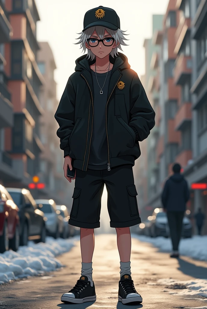 A boy , transformed into an anime style, with black country clothes , with a black wool cap with a lion logo , with black Bermuda shorts , Black sports sneakers , weighing about 90 kilos and size 1.80 meters tall and unique facial features light skin , Long hair , wide black frame optical lenses , black eyes , thick lips with a cigarette in his right hand and a cell phone in his left hand , standing on a bustling city street, backlit background that highlights the subject, high contrast colors, 4K High Definition Quality,young, elegant, Argentinian , In the cold of the Santa Cruz glacier in Argentina , phone gamer boy .
