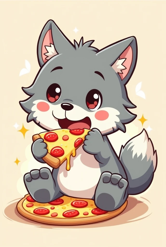 believe me model sheet of a wolf eating pizza kawaii cartoon style