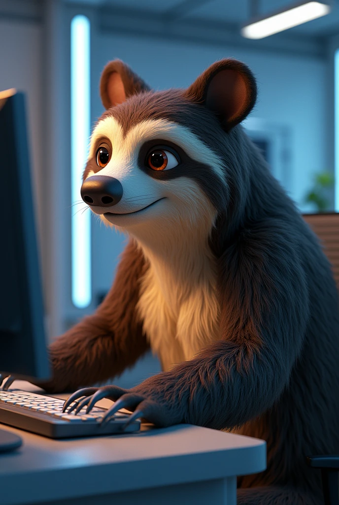 Sloth bear from zootopia using a computer

