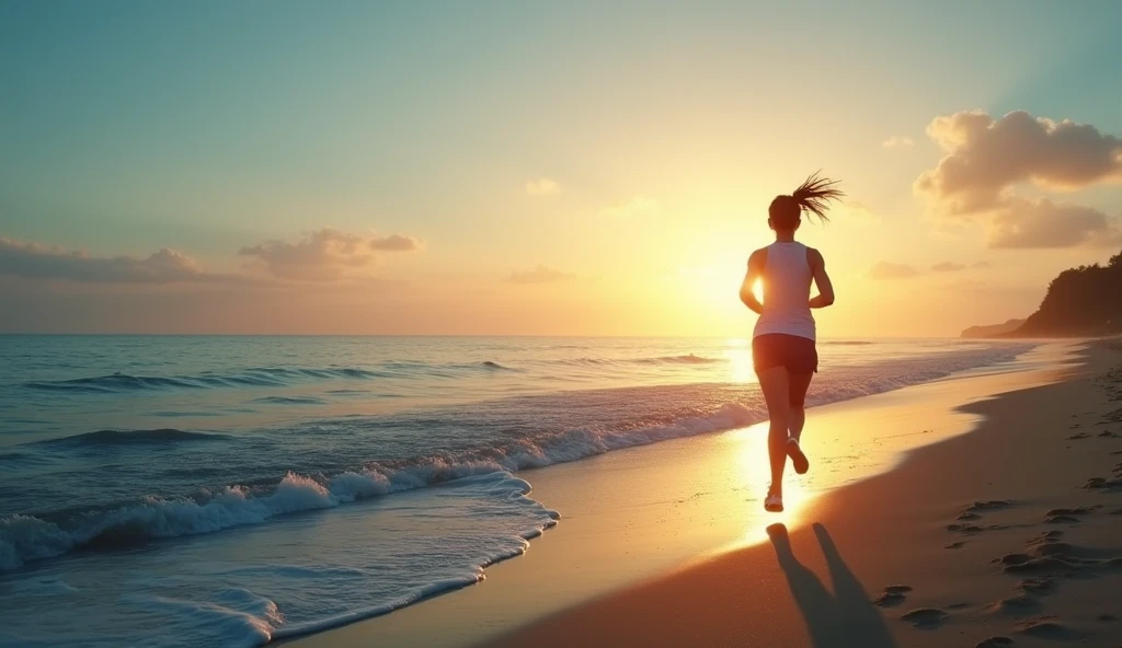 Wide angle shot: A 1 runs along the shoreline at dawn. The soft light of the rising sun illuminates the calm ocean, with gentle waves lapping at her feet. The sky transitions from a deep blue to warm orange, reflecting on the water.