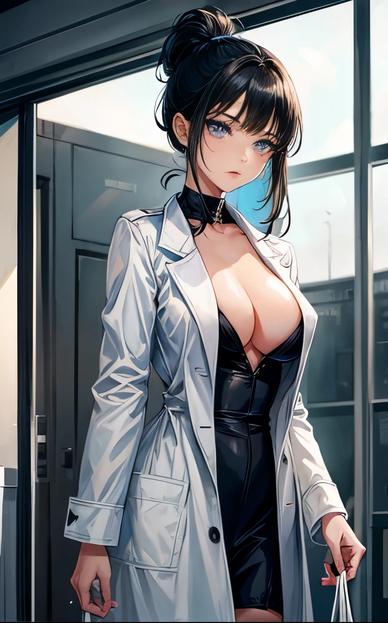 (1girl:1.3), Masterpiece, Best quality, amazing beauty, 4K, absurdres, finely detail, super detailed eye, perfect anatomy, official art, cinematic lighting, BREAK, Hospital, silky ponytail, blunt bangs, black hair, super shiny detailed blue eyes, straight teeth, piercing, Looks like fun, BREAK , big breasts, slender, white skin, standing, from front, BREAK , (white coat:1.2), BREAK,()