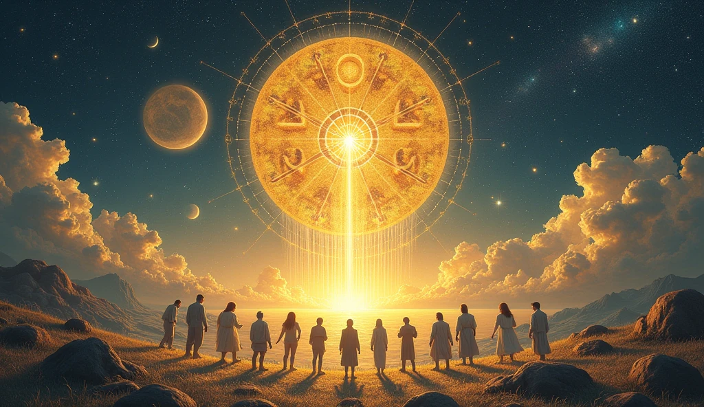 Visualize a vast symbolic landscape that blends cosmic and spiritual elements. In the center of the image, place a large golden circle representing the cycle of life and constant renewal. Within this circle, place the most diverse numbers (0 to 9) in a harmonious arrangement, each radiating a unique light that reflects its characteristics and meanings. Surround the circle, include symbolic images associated with each number: a guardian protecting a torch (number 0), a leader with a futuristic vision (number 1), an architect with plans and structures (number 4), an explorer in a jungle (number 5), a healer with healing hands (number 6), a seeker meditating in a starry field (number 7), a lord of destiny with a scale (number 8), and a creator of realities with a sacred triangle (number 3).

Add a glowing aura around each symbol and number, creating a light effect that conveys hope and clarity. Include a starry sky and a crescent or full moon to represent lunar cycles and spiritual connection. In the background, insert an ethereal landscape that blends natural and cosmic elements, symbolizing the interconnection between the material and spiritual worlds. Finally, insert an inspired message at the bottom of the image: ‘You are the architect of your own path, shaping the future with courage and hope.’