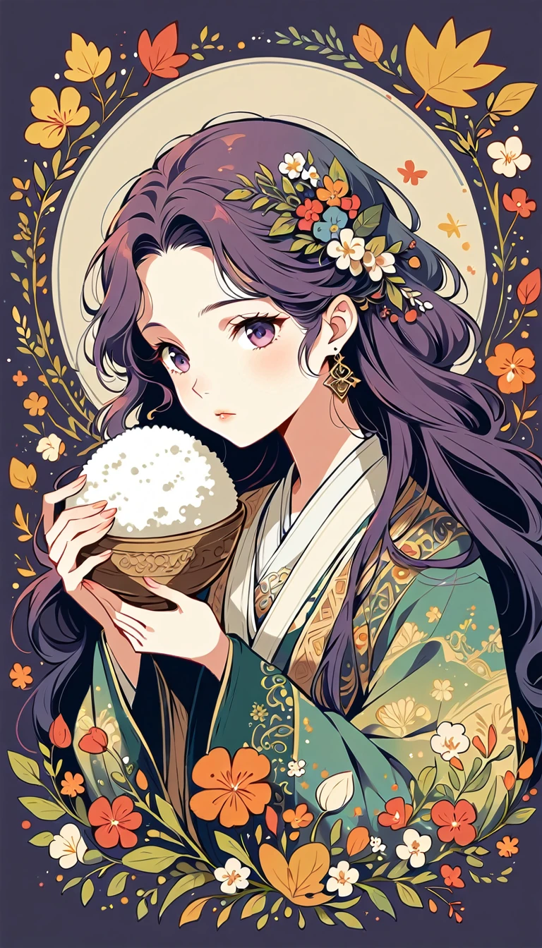 Visually appealing, high-resolution circular design、 The central figure is、The skirt is adorned with an intricate pattern of deep purple with silver accents., This detailed illustration is、It captures an atmosphere reminiscent of the elegance and cultural richness of a bygone era., Add depth to your projects、Holding rice balls in the right and left hands、　The background is diagonally decorated with images of autumn and spring.、Long Hair、

