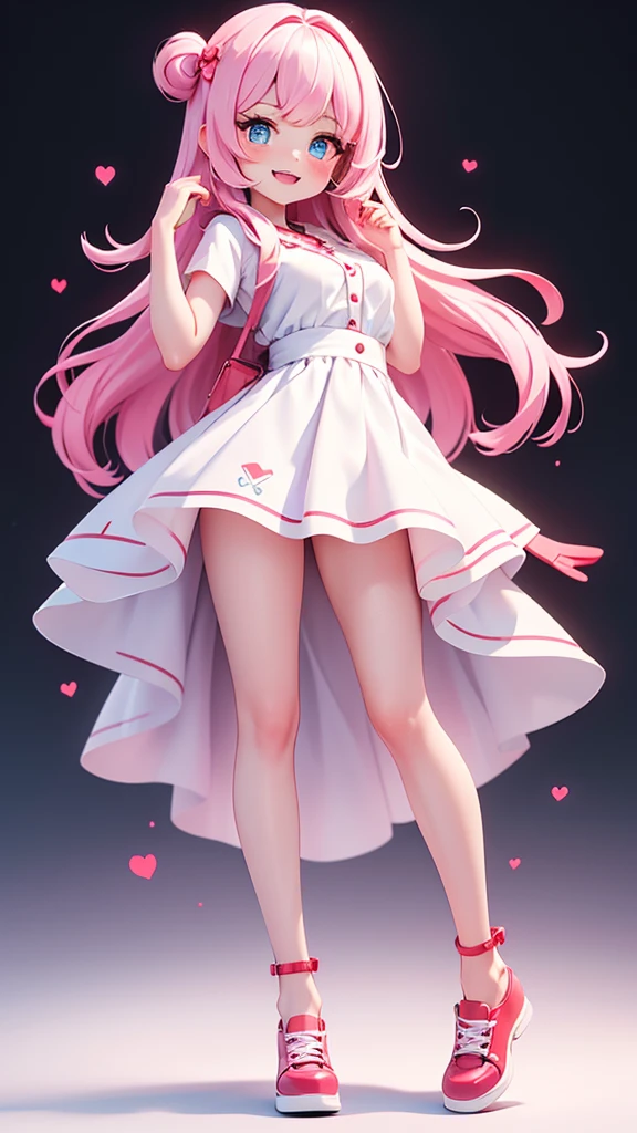 A cute fit 1 woman with long black-to-blue gradient hair, bright and reflective blue eyes. white spaghetti fit shirt. pink hair, fair skin, and long, beautiful legs that match her red shoes. She was wearing a knee-length, see-through red-white dress. She smile in the White background Studio. She is useing big iphone to call , full body 4k, size view.