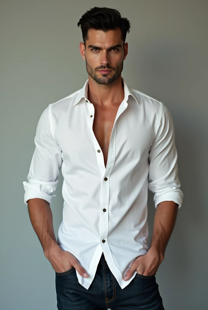 tall man, white skin, asymmetrical face, features, you know the characteristics of the actor Nick Bateman, standing wearing a white dress shirt showing her arms, and jeans