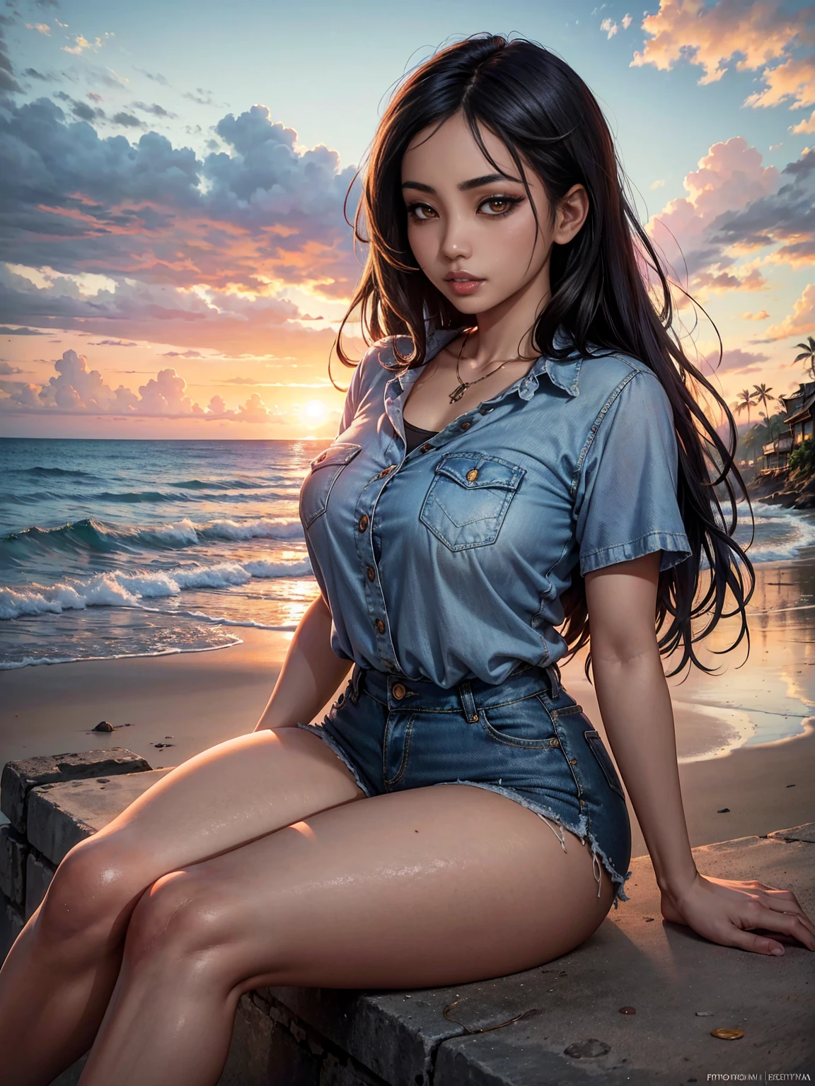 (Best lighting, Best Shadow, masterpiece, high quality), colorful, Vibrant, Summer mood, lots of bright colors, Beautiful woman in light summer clothes, Hair loss, Sit on the clear water and white sand, Bright blue sky.